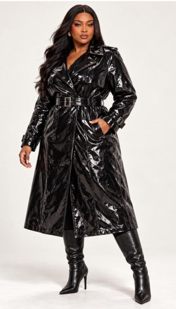 Plus Size "Covered" Shiny Patent Leather Trench Coat