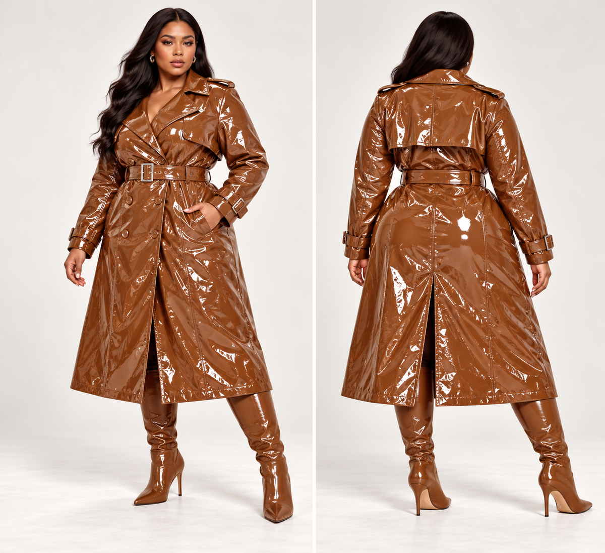 Plus Size "Covered" Shiny Patent Leather Trench Coat